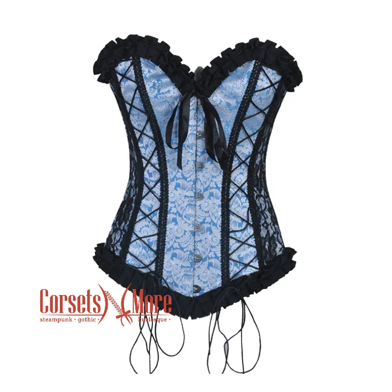 Baby Blue Brocade With Frill And Lace Design Long Overbust Corset