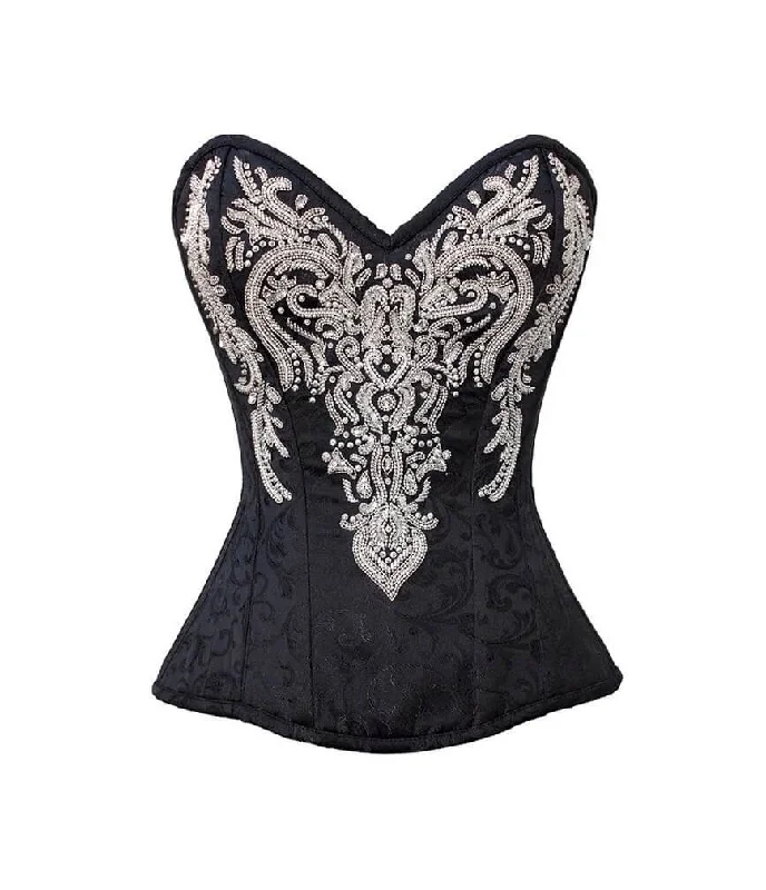 Black Brocade Silver Sequins Gothic Burlesque Corset Waist Training Overbust