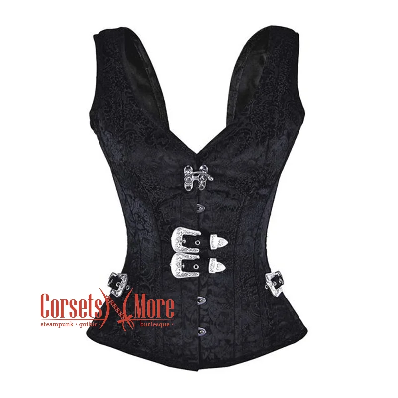 Black Brocade With Shoulder Strap Gothic Overbust Bustier Corset