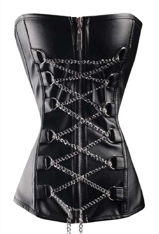 Black Leather Laced Chain Buckles Gothic Overbust Corset Waist Training