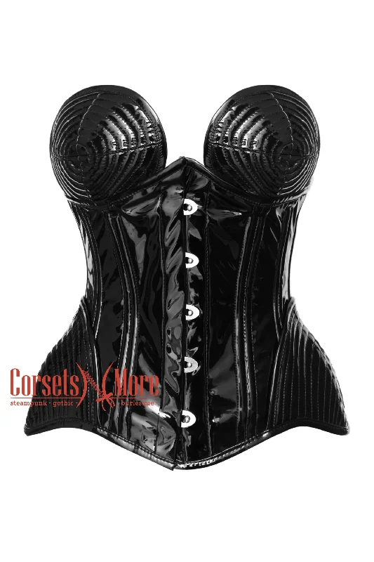 Black Pvc leather Underbust Corset With Cup Gothic Halloween Costume Steel Boned Top