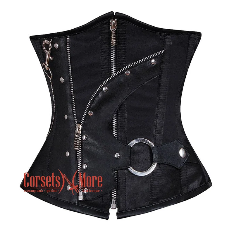 Black Satin And Black Leather Steampunk Gothic Underbust Waist Training Corset