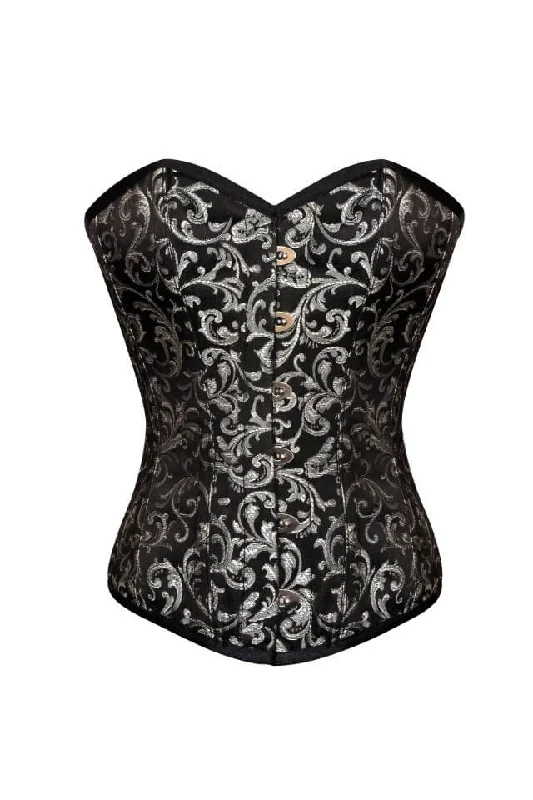 Black Silver Brocade Gothic Burlesque Corset Top for Women Waist Training Overbust