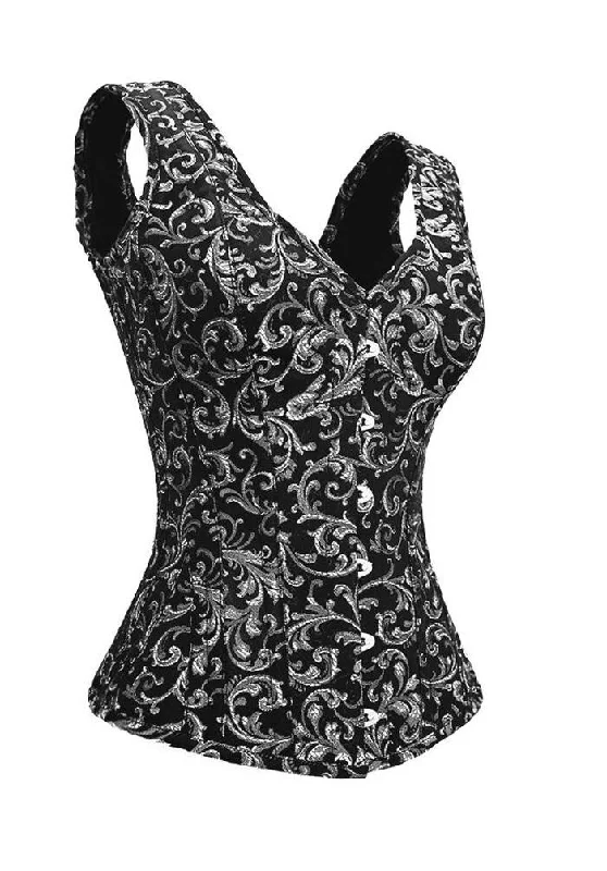 Black Silver Brocade Shoulder Strap Overbust Corset Waist Training Burlesque Costume