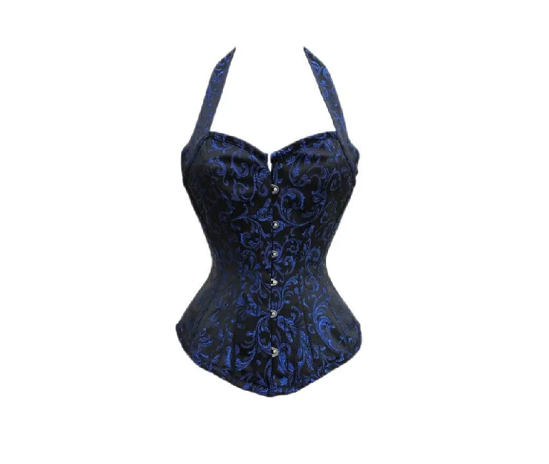 Blue Black Brocade Halter Neck Gothic Burlesque Corset Overbust