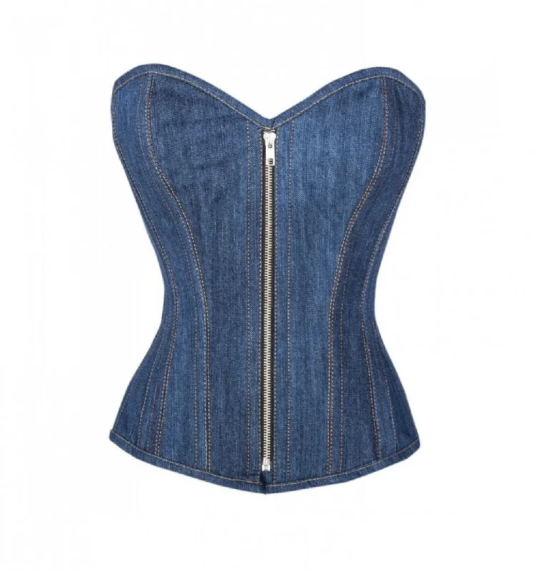 Blue Denim Zipper Gothic Steampunk Costume Overbust Corset Top for Women