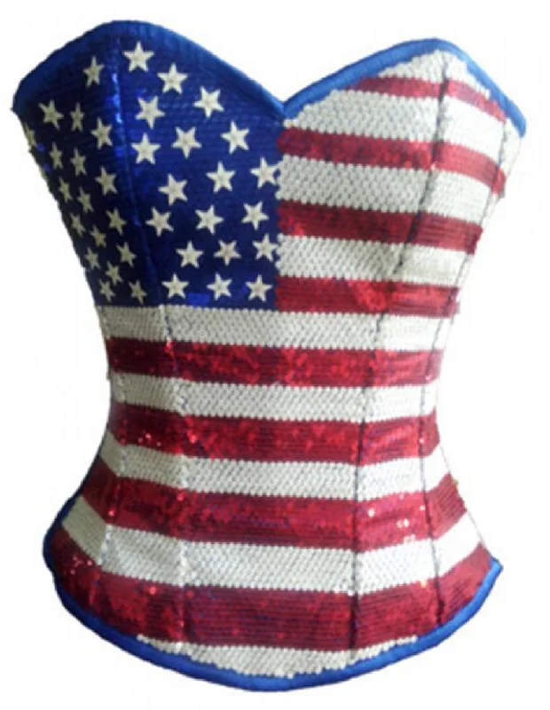 Blue Satin Red White Sequins USA Flag Handwork Bustier Waist Training Overbust Corset Top