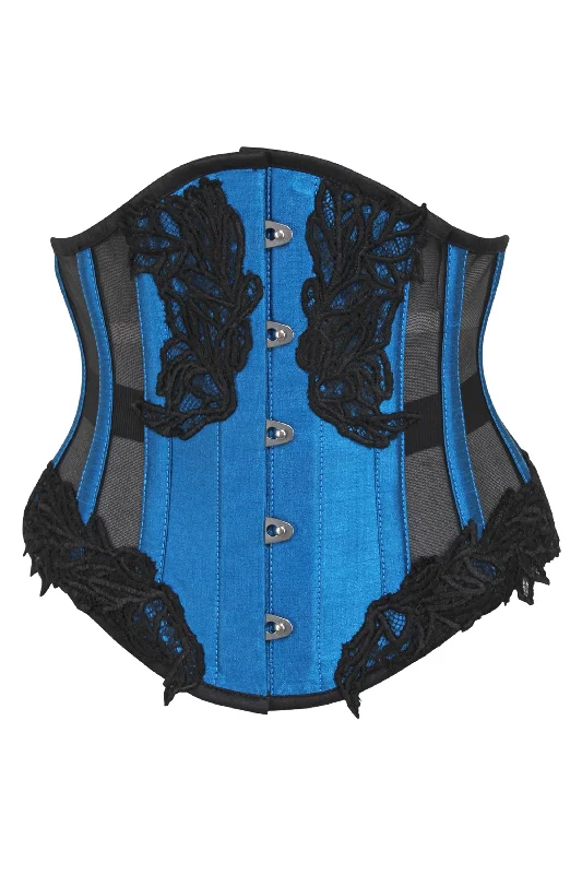 Blue Underbust Corset with Black Mesh Panels