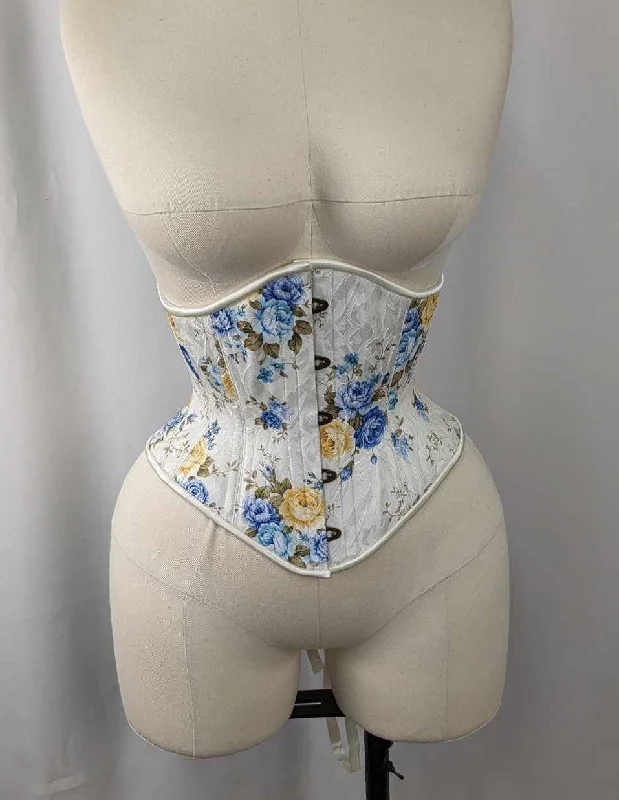 Blue Yellow and Ivory Floral Jacquard Steel Boned High Hip Underbust Corset