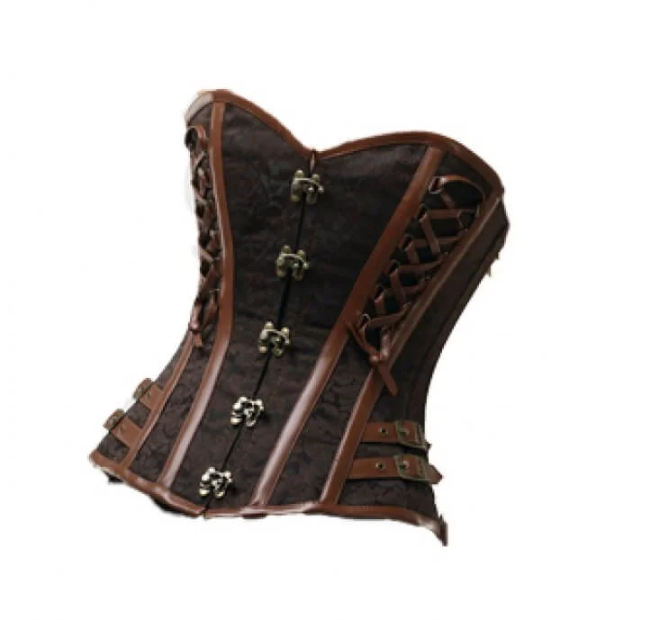 Brown Brocade Leather Straps Gothic Steampunk Bustier Waist Training Overbust Corset Top