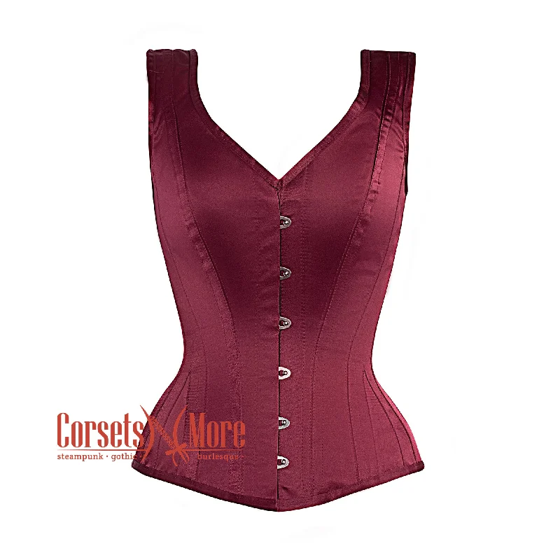 Burgundy Satin Burlesque Gothic Overbust Corset  With Shoulder Strap Bustier Top