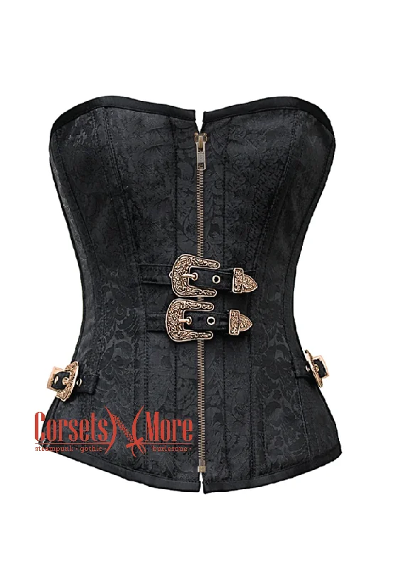 Black Brocade Antique Zipper Gothic Costume Waist Training Bustier Overbust Corset Top