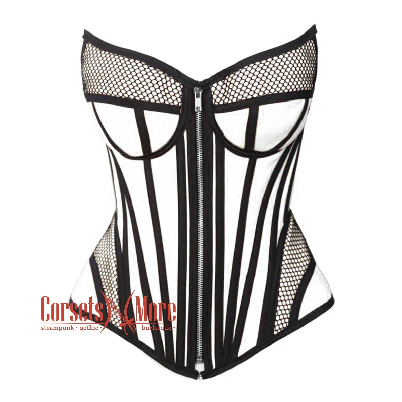 White Satin black mesh Zipper Steampunk Overbust Bustier Corset