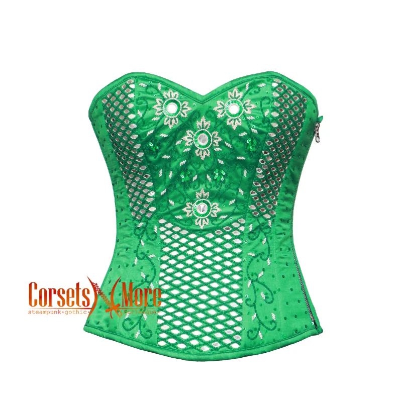 CorsetsNmore Women’s Green Satin Silver Sequins Burlesque Overbust  Costume Waist Corset Top