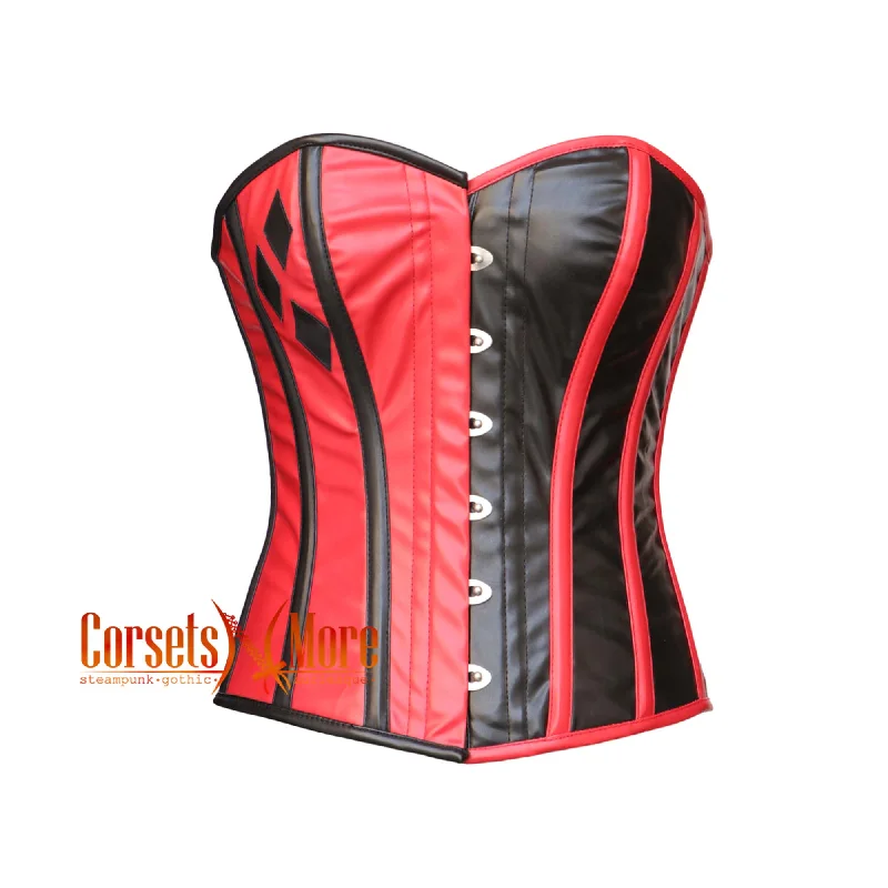 CorsetsNmore Women’s Red And Black Leather Harley Quinn  Gothic Costume Overbust Corset Top