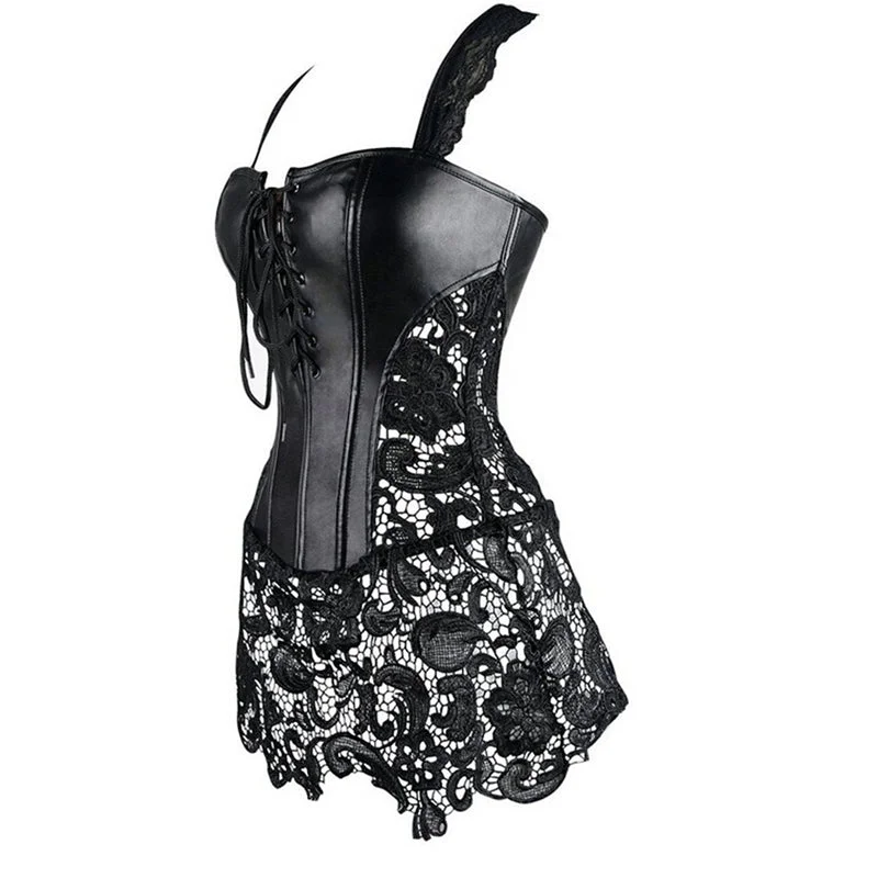 Floral Lace Leather Corset, Steampunk Goth Overbust Corset,