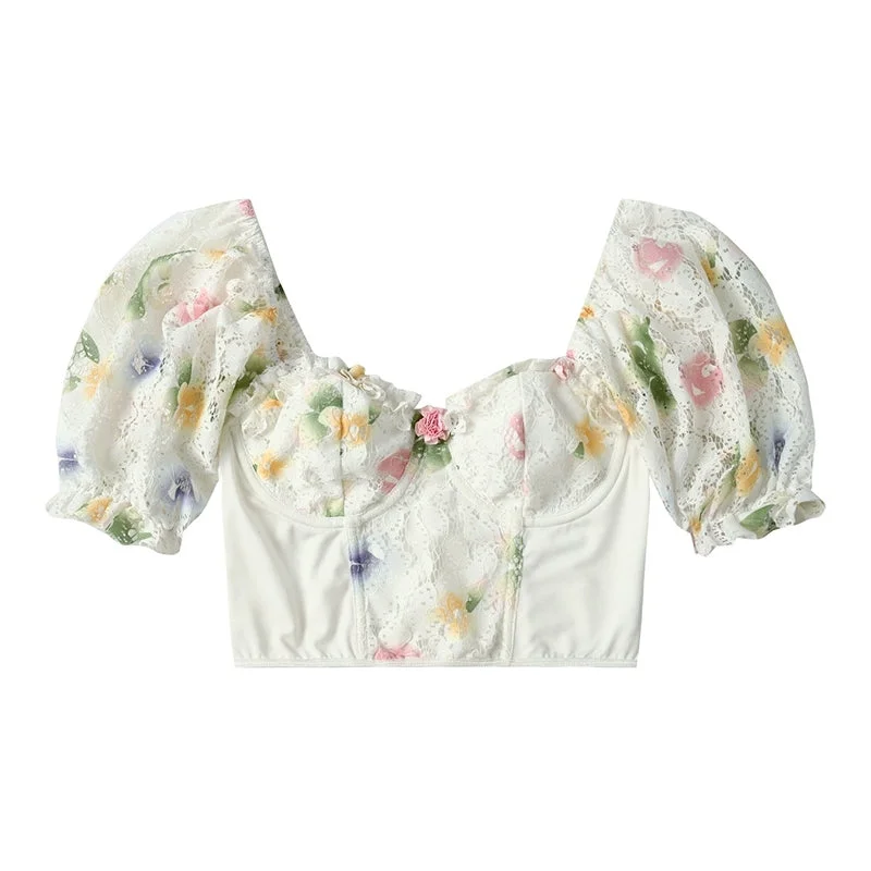 Floral Milkmaid Corset Top, Elegant Puff Sleeves Backless Corset