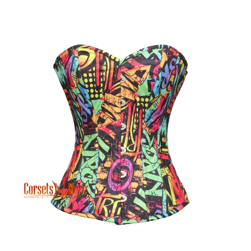 Graffiti Printed Cotton Corset Gothic Overbust Rainbow Costume Mardi Gra Top