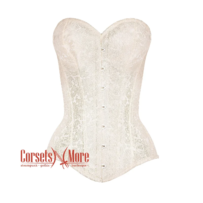 Ivory Brocade Longline Gothic Burlesque Waist Training Overbust Corset Bustier Top