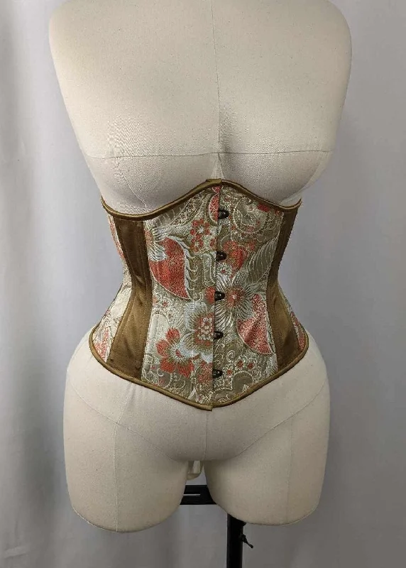 Ivory Gold and Coral Brocade and Satin Steel Boned Low Curve Mid Hip Underbust Corset