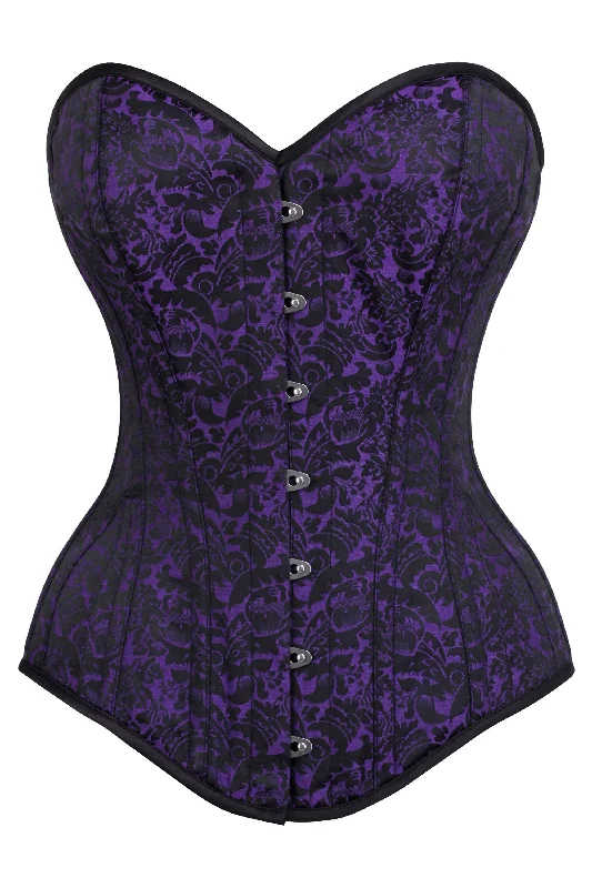 Long Purple Brocade Pattern Corset With Hip Gores