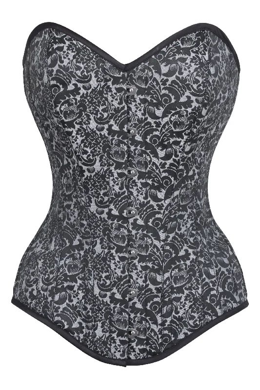 Long Silver Brocade Pattern Corset With Hip Gores