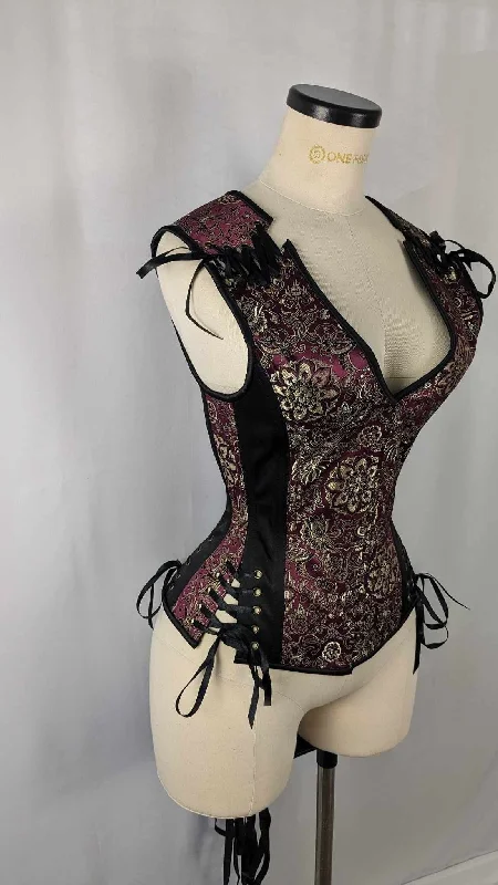 Maroon Gold and Black Brocade Androgynous Low Curve Corset Vest