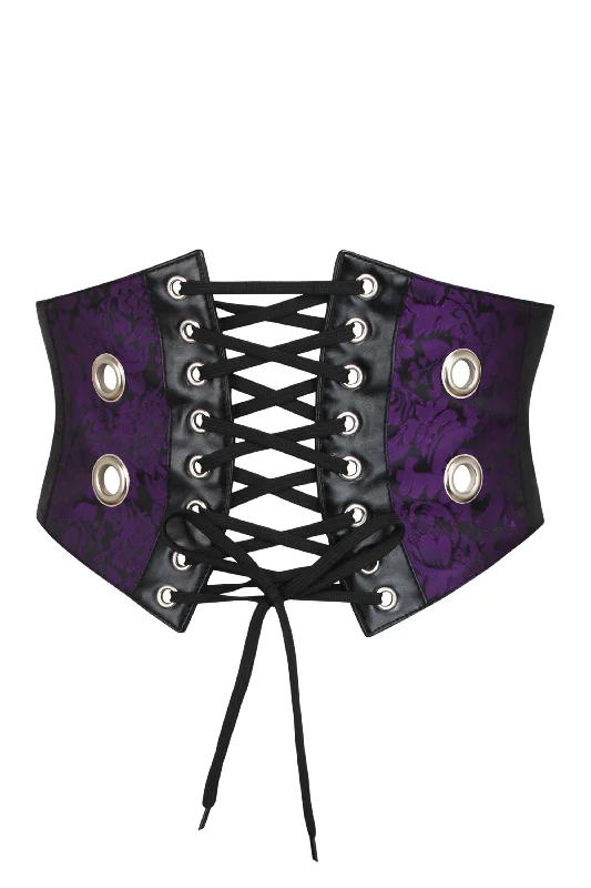 Purple Brocade & PVC Corset Inspired Belt withZip & Front Cord