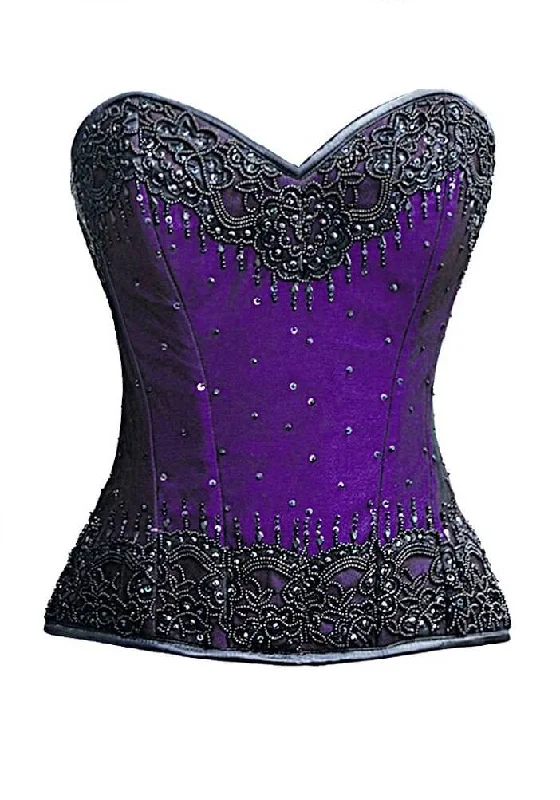 Purple Satin Black Handmade Sequins Burlesque Corset Mardi Gras Overbust Gothic