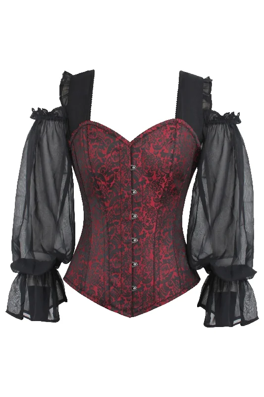 Red and Black Brocade Corset Top with Long Chiffon Sleeves