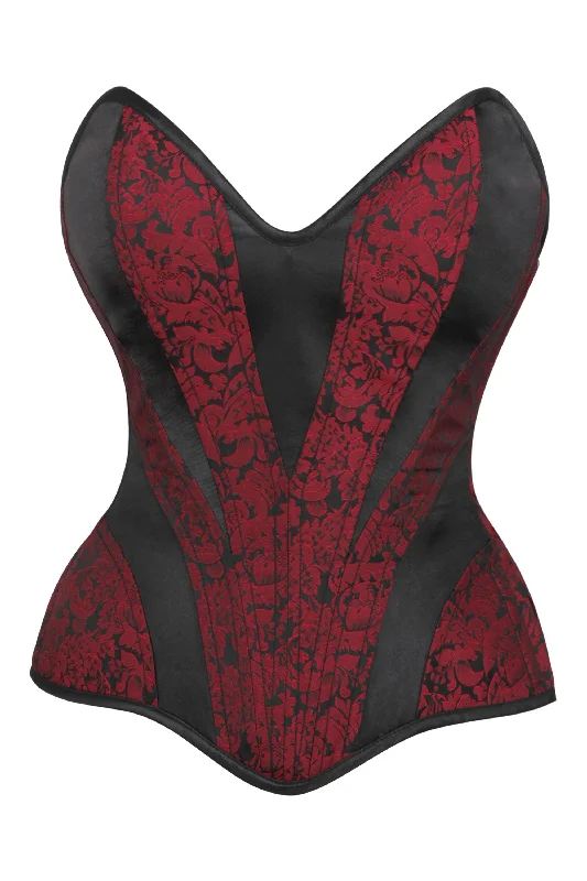 Red and Black Brocade Overbust Corset with Side Zip