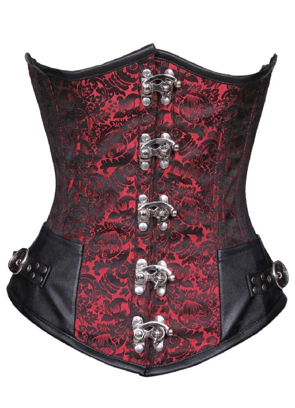 Red Black Brocade Leather Gothic LONGLINE Underbust Corset Waist Training