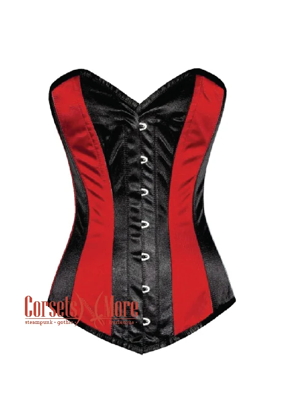 Red Black Satin Gothic Steampunk Burlesque Waist Training Bustier Long Overbust Corset Costume