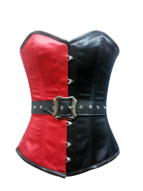 Red Black Satin Leather Belt Gothic Steampunk Bustier Waist Training Burlesque Overbust Corset Costume