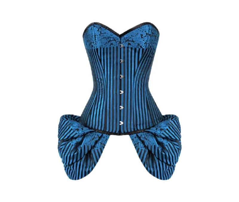 Blue Black Brocade Side Flounce Burlesque Corset Waist Training Overbust