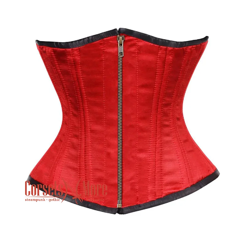 Red Satin Double Bone Front Zipper Gothic Waist Training Underbust Corset Bustier Top