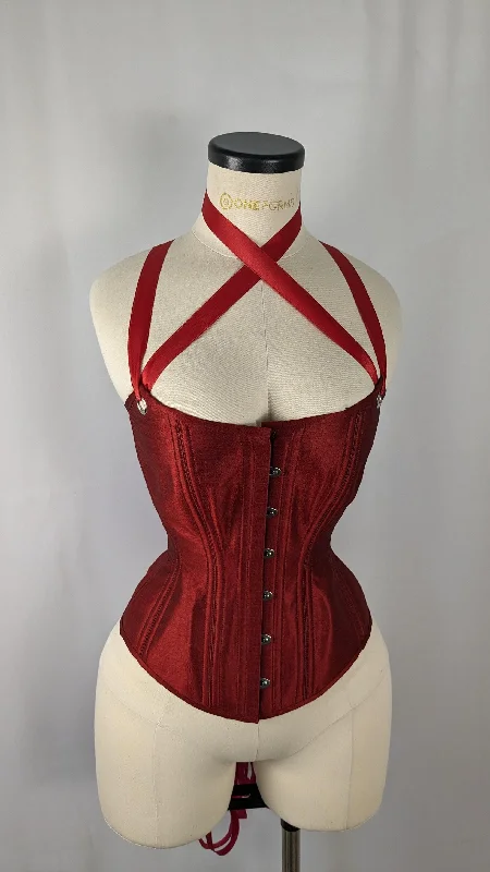 Red Silk Scoop Neck Steel Boned Overbust Corset