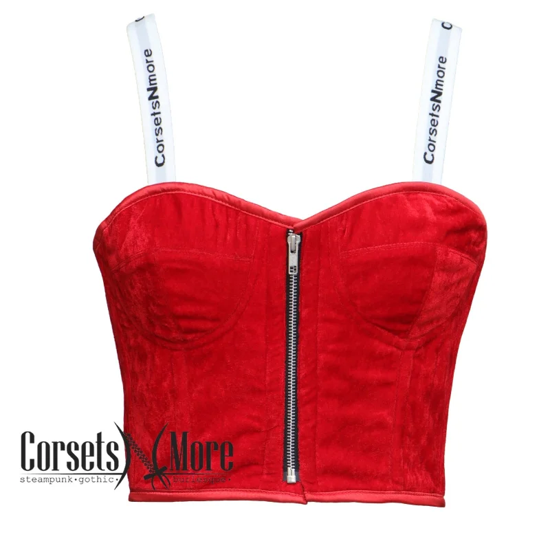 Red Velvet Gothic Zipper Overbust Crop Corset With Strap Valentine Gift Top