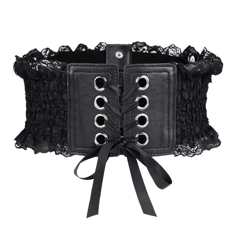 Renaissance Goth Black Corset Belt , Wide Waist Elastic Corset Belt