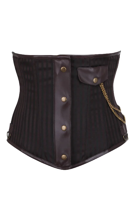 Sabdlin Brown Striped Steampunk Underbust With Steel Busk Covered Detail & Pocket Chain