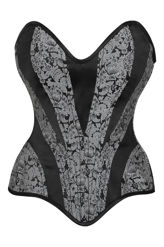 Silver and Black Brocade Overbust Corset with Side Zip