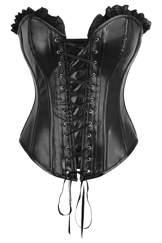 Top Drawer Black Faux Leather & Black Lace Trim Lace-Up Steel Boned Corset