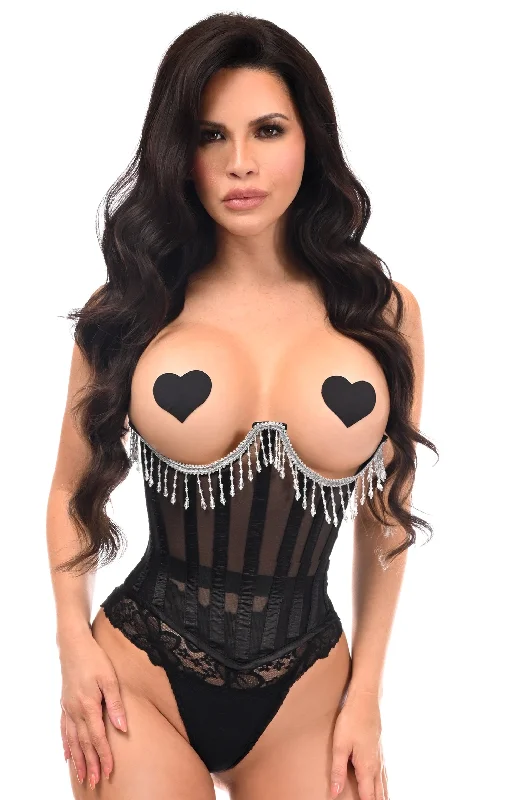 Top Drawer Steel Boned Sheer Underwire Waist Cincher w/Fringe