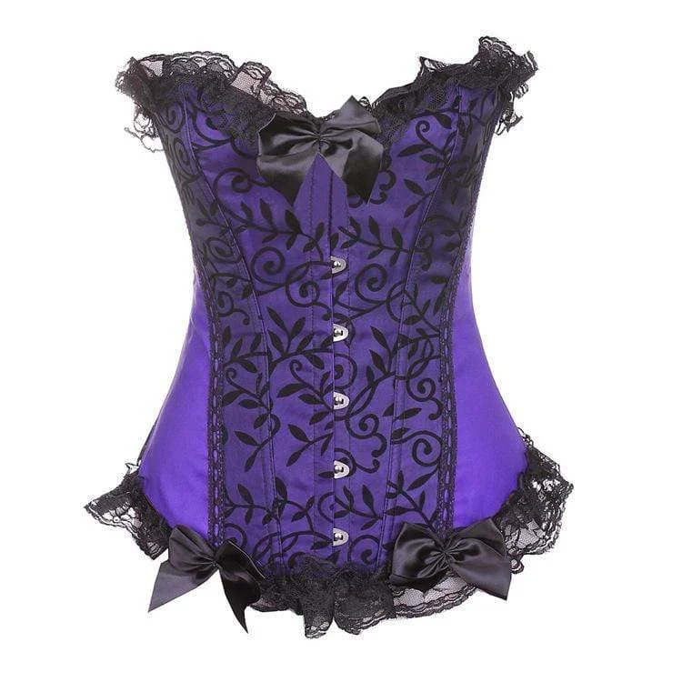 Women's Gothic Lace Hem Floral Mesh Splicing Satin Overbust Corsets With T-back