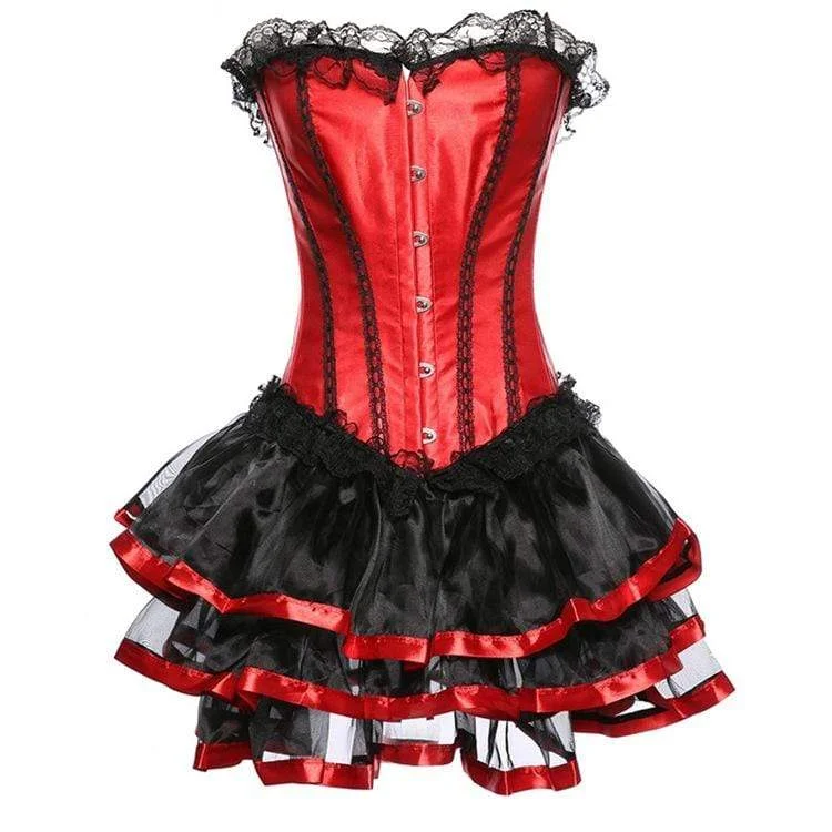 Women's Vintage Lace Hem Satin Overbust Corsets With Skirts