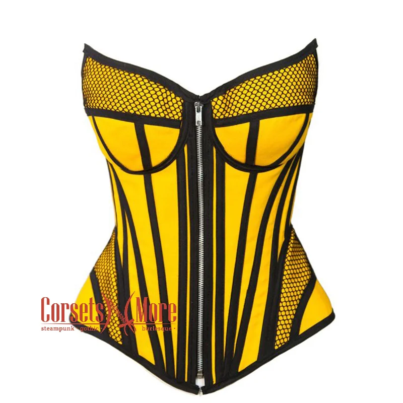 Yellow Satin black mesh Zipper Steampunk Overbust Bustier Corset