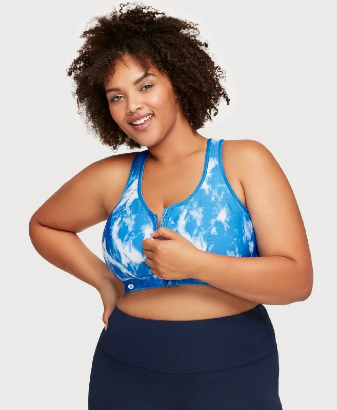 Front-Closure Zip Up Sports Bra Blue Tie-Dye