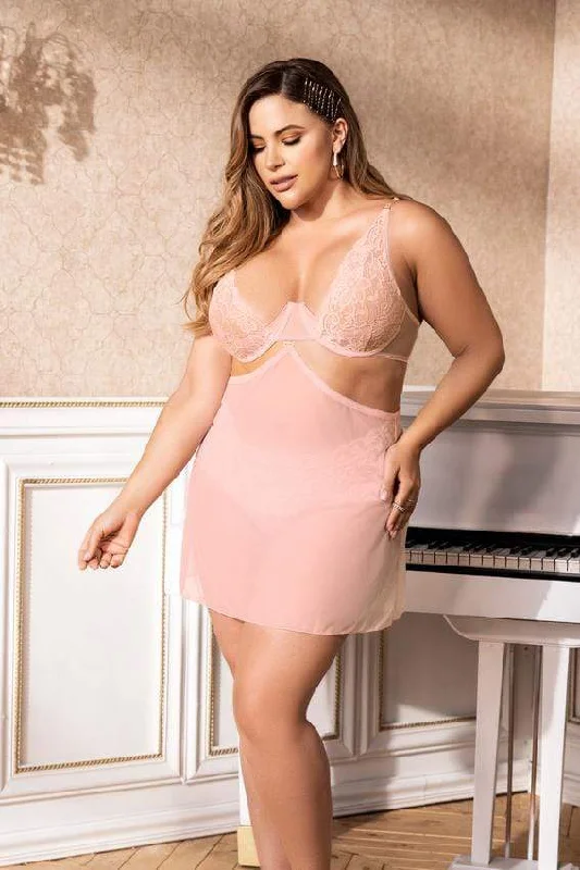 Pink Floral Lace Underwire Top Babydoll w/ Interlaced Tie & Gartered G-String (Plus Size)