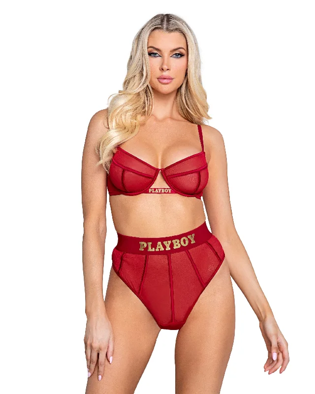 Red Mesh Satin Playboy Cage Underwire Top & High Waisted Thong Set (Plus Size Available)