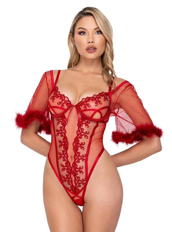 Rouge Metallic Bow Teddy with Sleeves Lingerie